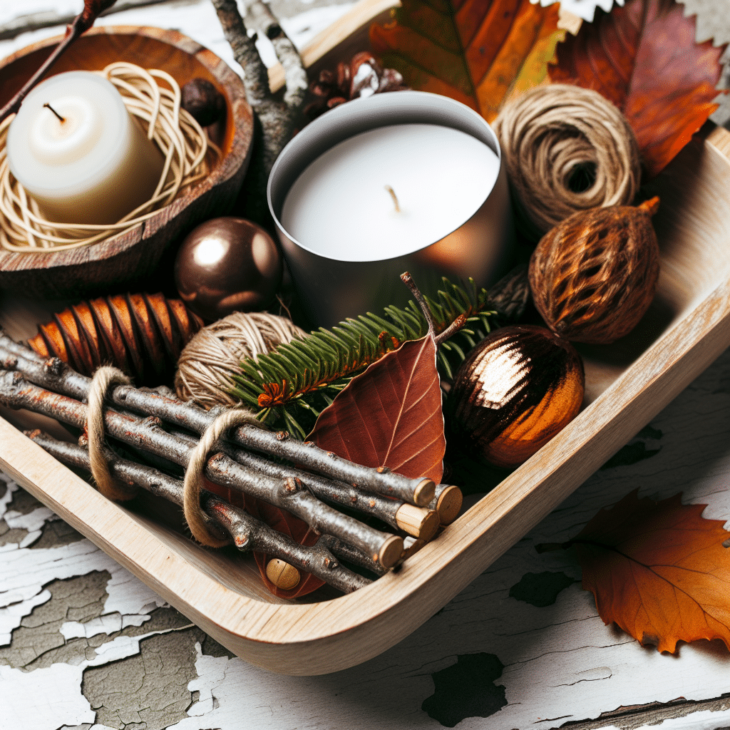 Ein rustikales Holztablett mit herbstlichen Accessoires wäre eine tolle Ergänzung für Ihr Event.