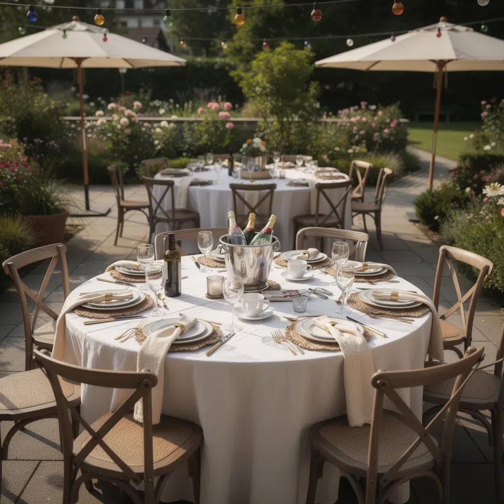 KI-Visualisierung einer Gartenhochzeit mit Farmtables, Cross-Back-Stühlen und gedeckter Tafel